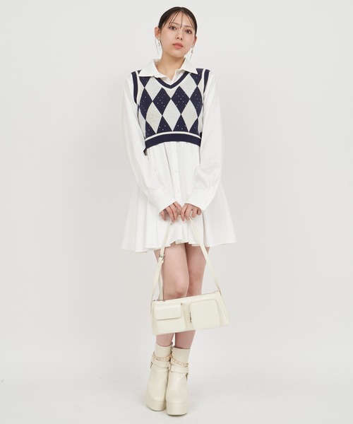 シャツワンピース アーガイルベスト付シャツミニワンピース シャツ