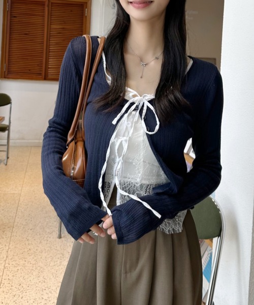 Ada. カーディガン レース レイヤード デザイン Vネック カーディガン