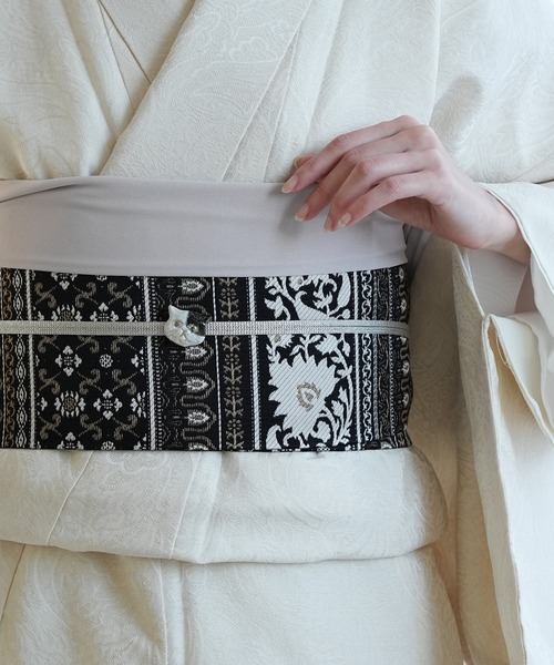 帯単品 小袋帯 utatane 博多織 長尺 正絹 牡丹 インド更紗献上 ブラウン×ベージュ 日本製 レディースの画像