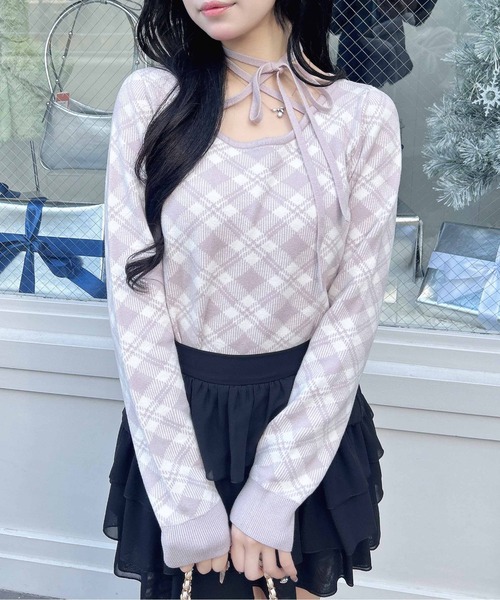 INGNI（イング） ニット セーター クロスチョーカーチェック柄長袖