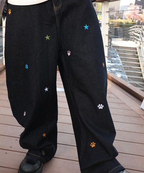 ワイドパンツ ジーンズ HOOK -select- 刺繍カーブワイドデニムパンツ