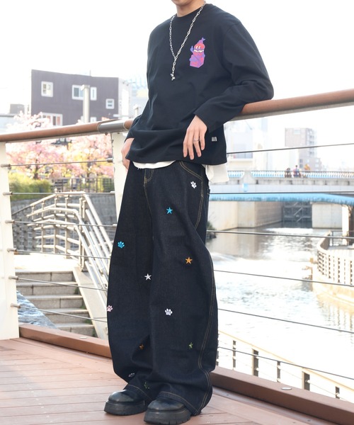 ワイドパンツ ジーンズ HOOK -select- 刺繍カーブワイドデニムパンツ