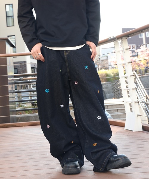 ジーンズ HOOK -select- 刺繍カーブワイドデニムパンツ メンズ