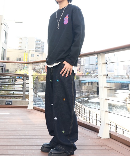 ワイドパンツ ジーンズ HOOK -select- 刺繍カーブワイドデニムパンツ