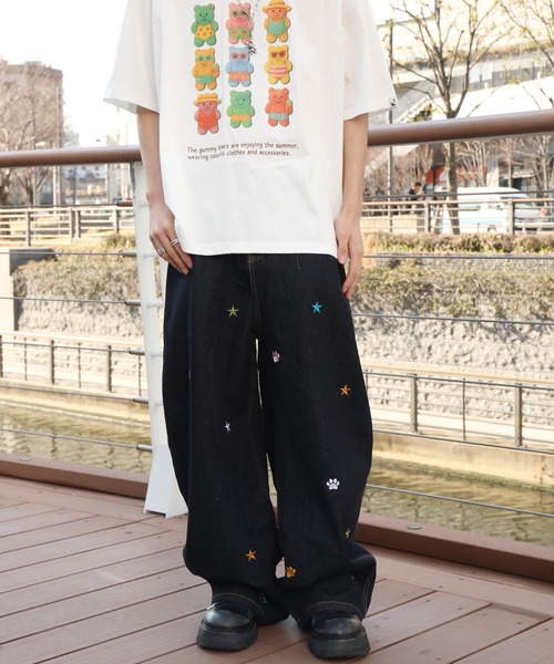 ジーンズ HOOK -select- 刺繍カーブワイドデニムパンツ メンズ