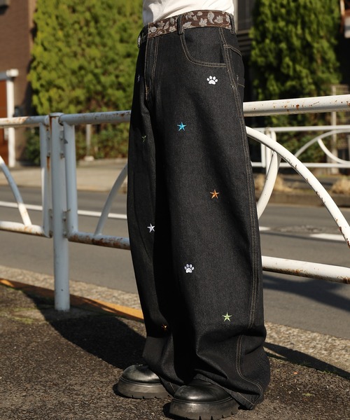 ワイドパンツ ジーンズ HOOK -select- 刺繍カーブワイドデニムパンツ