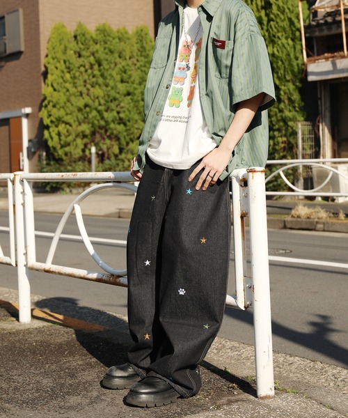 Always ブラックデニム ワイドレッグ 緑色刺繍 COOGI” BLACK DENIM WIDE PANTS W44 クージー ワイド ブラックデニム