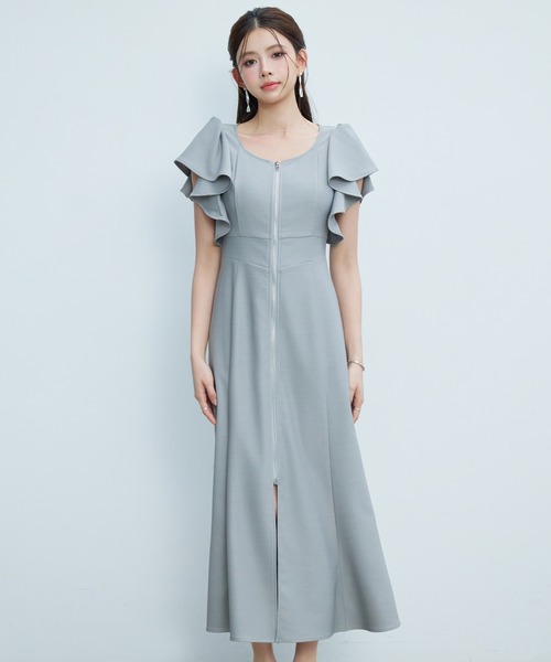 ★美品★PRIDE フロントジップ 半袖 ロングワンピース グレー【38/M】 DRESS+（ドレスプラス） ワンピース 半袖 フロントジップロング