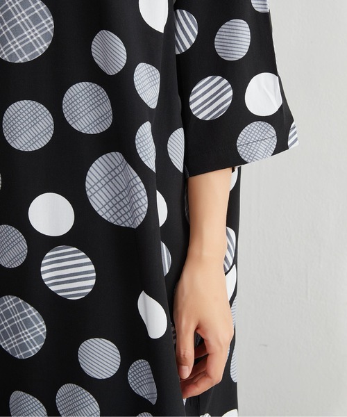 Sew loop チュニック レーヨンドット柄ルーズフィット5分袖チュニック 