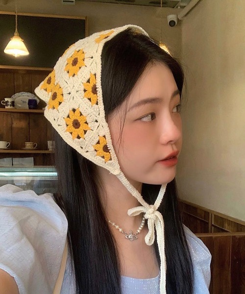 shopnikoniko ヘアバンド 花柄バブーシュカ クロシェヘアバンド