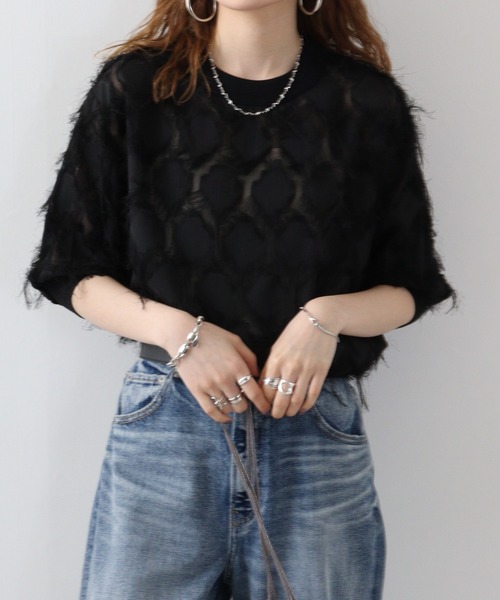 ブラウス シャツ Anna Nicola ニットリブフリンジJQT゛BL レディース Anna Nicola ブラウス シャツ ニットリブフリンジJQT゛BL