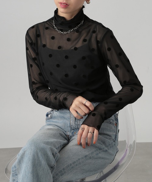 シースルー黒シャツ 長袖 ドット柄 ヴィンテージ シースルーシャツ 長袖 ブラック 幾何学模様 ドット柄