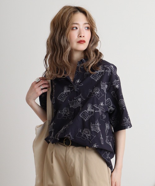 ブラウス シャツ EMAGO ティータイム総柄刺繍シャツ レディース Emago ブラウス シャツ EMAGO ティータイム総柄刺繍シャツ