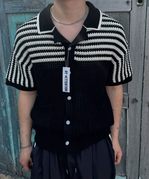 カーディガン 「BY ATTENTION」 コットン 配色 ボーダー 襟付き  