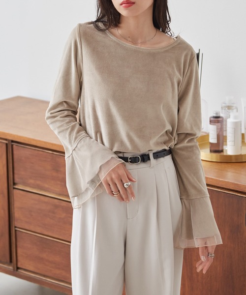 RANAN（ラナン） tシャツ フレア袖チュールベロアプルオーバー