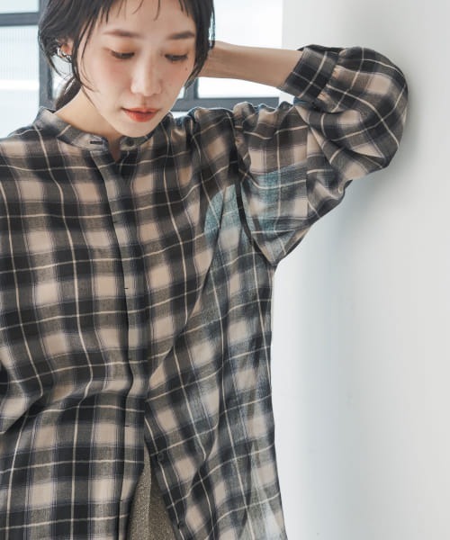 ブラウス シャツ 「秋口まで着られる」シアーチェックシャーリングシャツ レディース ブラウス シャツ クロップドチェックシャーリングシアーシャツ