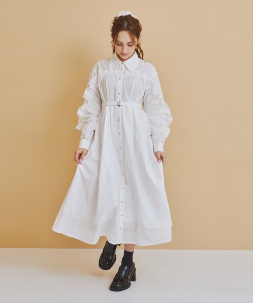 【美品】ルネ シャツワンピース レディシャツ ロング丈 フリル&カットワーク REDYAZEL（レディアゼル） ワンピース フリルシャツワンピース