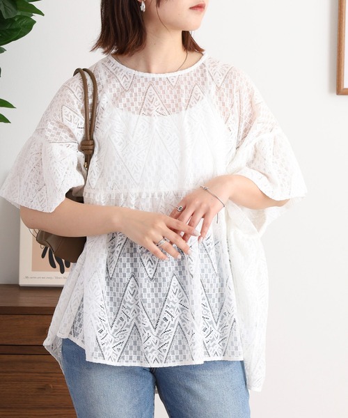 tシャツ EGLANTINE 総レースペプラムカットソー レディース
