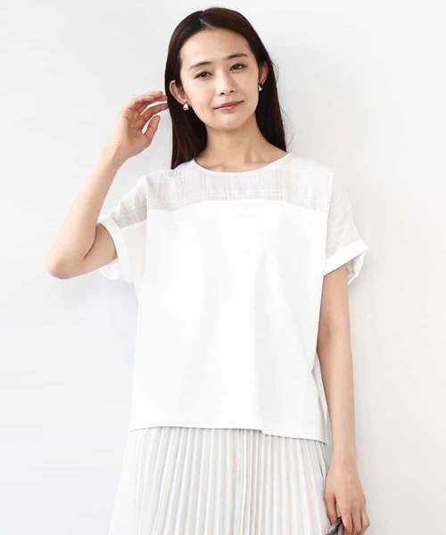 tシャツ シアーチェック切替えカットソー/洗える レディース