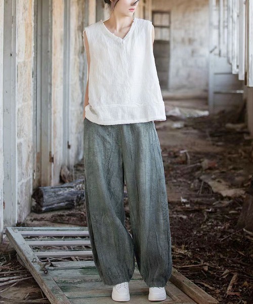 BLANC FICELLE パンツ むら染め しわ加工 ワイドパンツ レディース