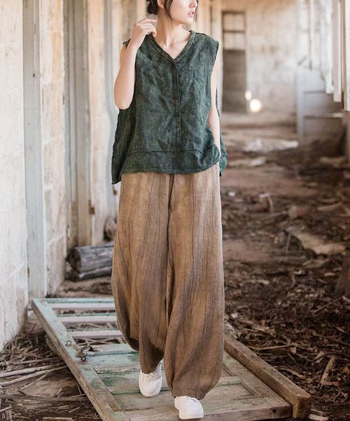 BLANC FICELLE パンツ むら染め しわ加工 ワイドパンツ レディース