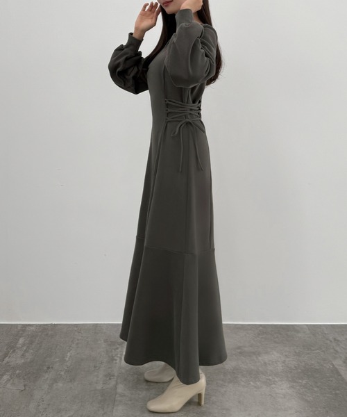 正規品♡ロゴ裏毛ワンピース♡チャコールグレー CENEA（セネア） ワンピース キーネック裏起毛レースアップワンピース
