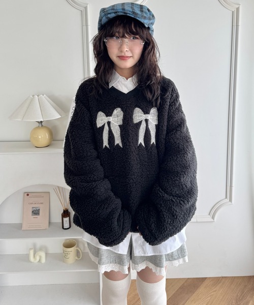 SOLLON.（ソルロン） トレーナー スウェット ダブルリボンもこもこボア