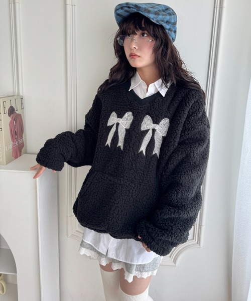 SOLLON.（ソルロン） トレーナー スウェット ダブルリボンもこもこボア