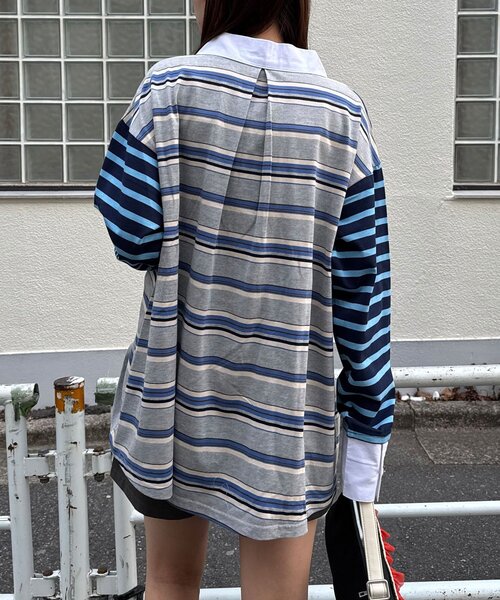 our  ボーダー柄の5分袖シャーリングカットソー ネイビー×ブラウン コットンブラウンボーダーロングTシャツ WR0001 – YOLO（ヨロ