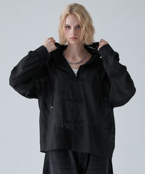 VELNUS シャツ 「VELNUS」Chinese Button Design Sheer Hooded Shirt
