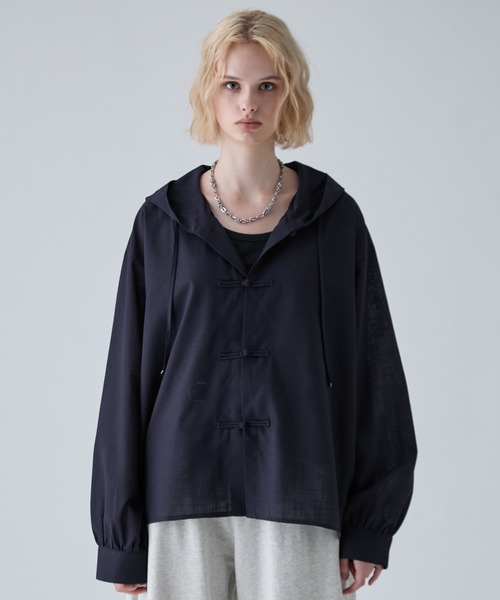 VELNUS シャツ 「VELNUS」Chinese Button Design Sheer Hooded Shirt