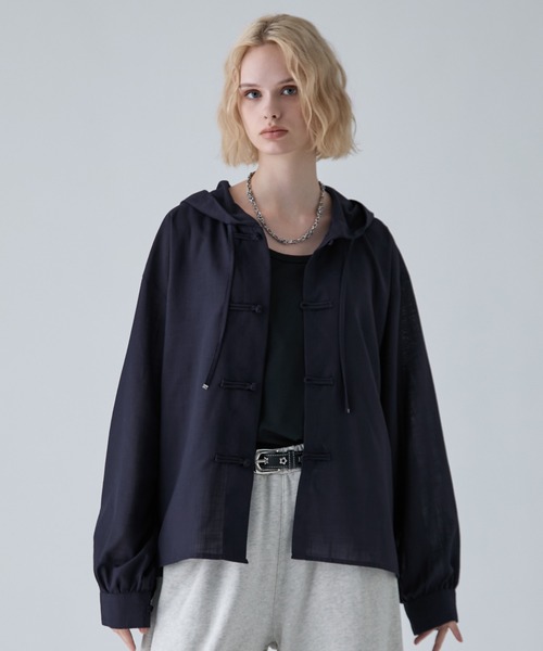 VELNUS シャツ 「VELNUS」Chinese Button Design Sheer Hooded Shirt
