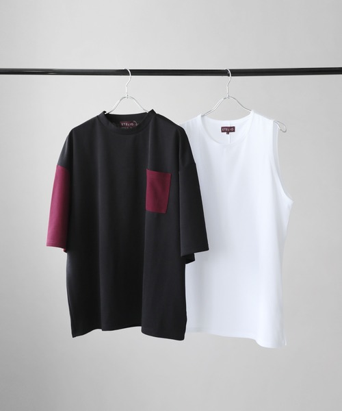 tシャツ 「2点セット」梨地ポケット付きクルービッグTシャツ＆ロング