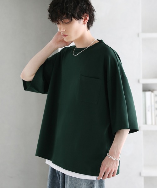 tシャツ 「2点セット」梨地ポケット付きクルービッグTシャツ＆ロング