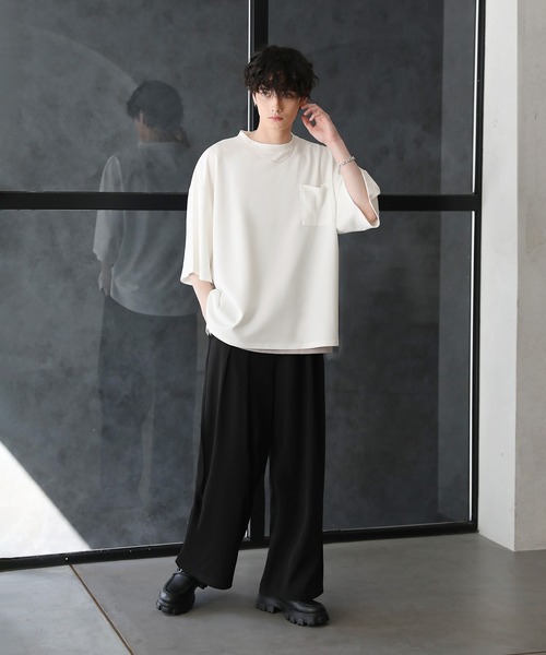 tシャツ 「2点セット」梨地ポケット付きクルービッグTシャツ＆ロングタンクトップアンサンブルセット メンズ レディース | ブランド登録なし | 19