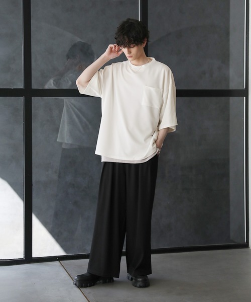 tシャツ 「2点セット」梨地ポケット付きクルービッグTシャツ＆ロングタンクトップアンサンブルセット メンズ レディース | ブランド登録なし | 23
