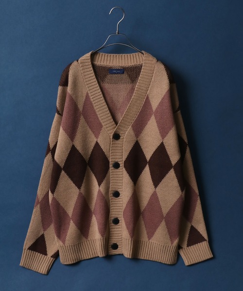V-neck Plaid Argyle Pattern Knit Cardigan Sweater Outerwear