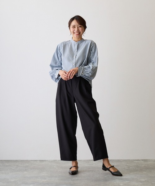 ブラウス シャツ ストライプ柄キャップスリーブシャツ レディース SHEENA ブラウス シャツ クロップド丈ストライプシャツ