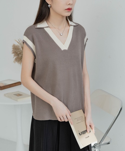 春夏新作 MAISON DE THERESE ニット セーター ポロネックバイカラー半袖 トップス