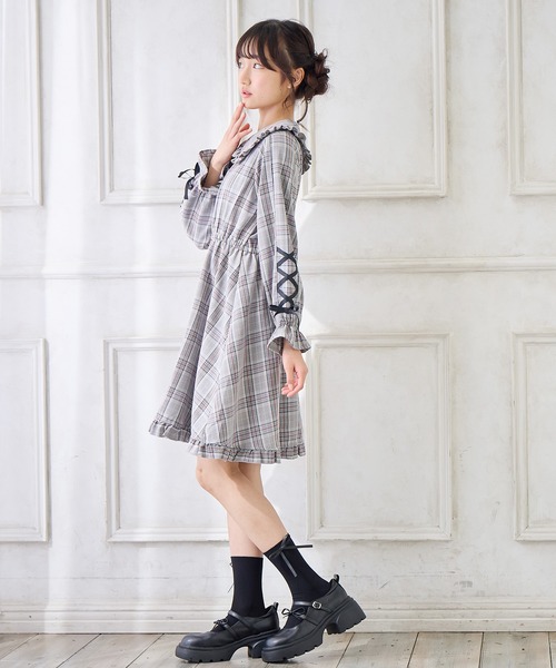 【美品・ほぼ未使用】Iam I チェック柄長袖フリルワンピース DearMyLoveRose ワンピース 配色角襟フリルタック長袖ワンピース