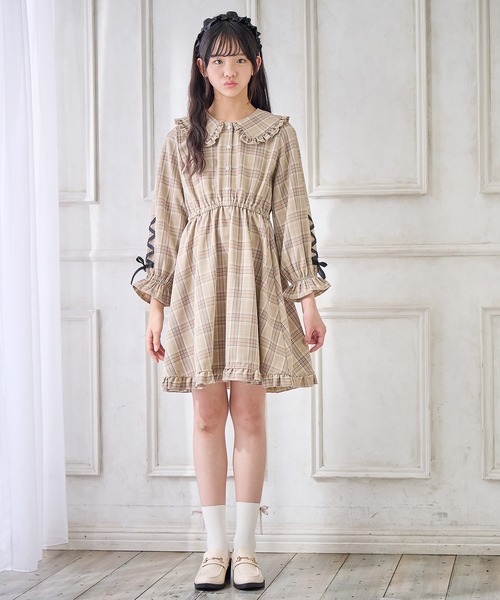 チェック柄フリル袖 ワンピース Amourire girl ワンピース チェック柄フリルワンピース キッズ