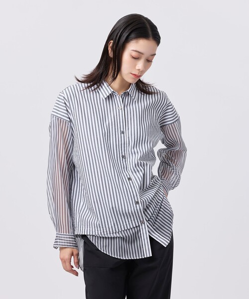 ブラウス シャツ 「L」「カタログ掲載品」「ウォッシャブル」シアーコンビストライプロングシャツ レディース