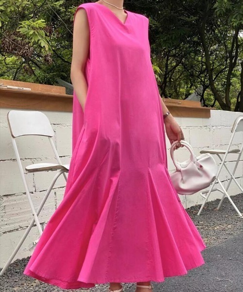 ノースリーブひざ丈ワンピース ピンク ワンピース ノースリーブ V ネックロングワンピース : ZOZOTOWN Yahoo