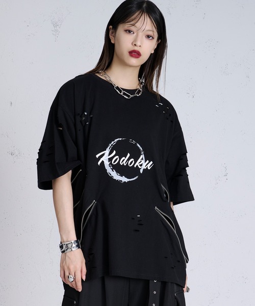 狐独 tシャツ ジップデザインロゴプリントTシャツ メンズ レディース