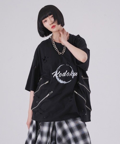 m*u様 IDEASWAM Tシャツ ブラック Sサイズ 新品 狐独 tシャツ ジップデザインロゴプリントTシャツ メンズ レディース