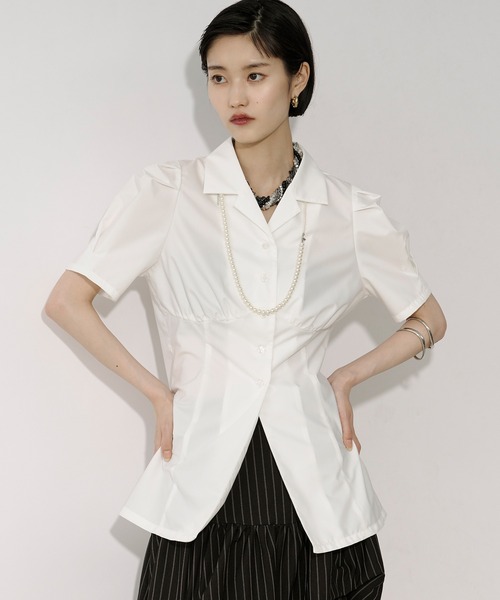 Ezick ブラウス シャツ 夏 半袖 Lady mode blouse タックカイキン