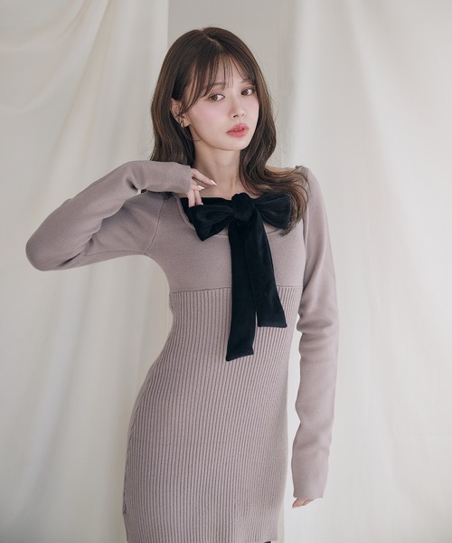 fupel ワンピース 2way velour ribbon mini knit onepiece / 2way