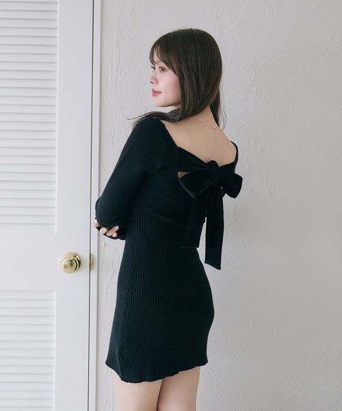 fupel ワンピース 2way velour ribbon mini knit onepiece / 2way