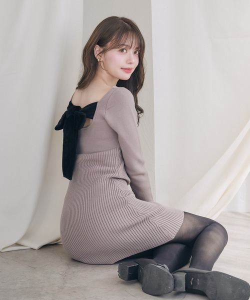 fupel ワンピース 2way velour ribbon mini knit onepiece / 2way