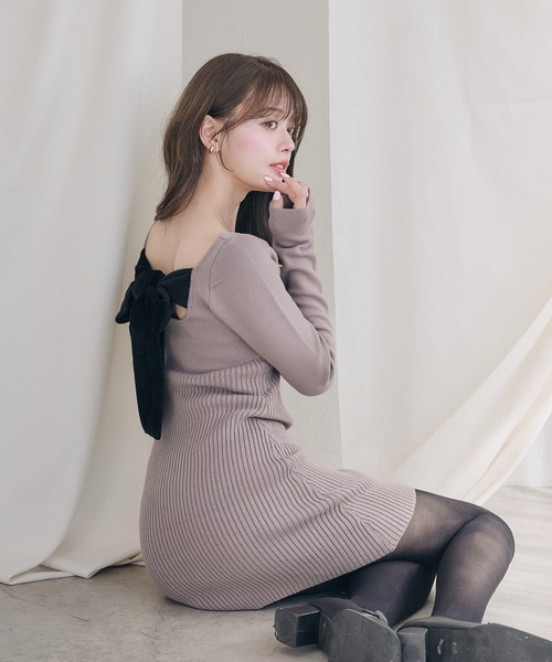 fupel ワンピース 2way velour ribbon mini knit onepiece / 2way